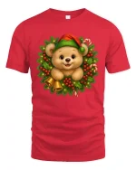 Cute Christmas Bear Wreath Graphic Tee Festive Holiday T-Shirt - red t-shirt on white background