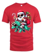 Cool Santa Riding Dinosaur Christmas Tee Funny Holiday T-Shirt - red t-shirt on white background
