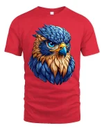 Fierce Blue Hawk Art Tee Bold Colorful Bird Graphic T-Shirt - red t-shirt on white background