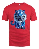 Blue Fierce Tiger Art Tee Powerful Wild Animal Graphic T-Shirt - red t-shirt on white background