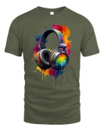 Vibrant Splash Headphones Art Tee for Music Lovers T-Shirt - military green t-shirt on white background