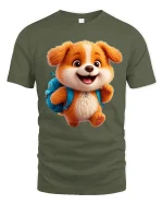 Cute School Puppy Backpack Graphic Tee Fun Kids Cartoon Shirt - military green t-shirt on white background