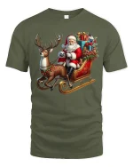 Santa Sleigh Christmas Reindeer Graphic Tee Festive Holiday Shirt - military green t-shirt on white background