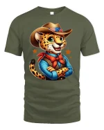 Cowboy Cheetah Cartoon Graphic Tee Cute Western Style T-Shirt - military green t-shirt on white background