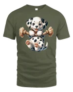 Cute Spotted Puppy Tug Rope Graphic Tee Fun Playful T-Shirt - military green t-shirt on white background