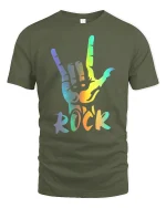 Rainbow Rock Hand Sign Graphic Tee Colorful Music Style Shirt - military green t-shirt on white background