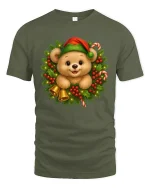 Cute Christmas Bear Wreath Graphic Tee Festive Holiday T-Shirt - military green t-shirt on white background