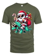 Cool Santa Riding Dinosaur Christmas Tee Funny Holiday T-Shirt - military green t-shirt on white background