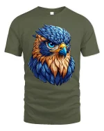 Fierce Blue Hawk Art Tee Bold Colorful Bird Graphic T-Shirt - military green t-shirt on white background