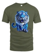 Blue Fierce Tiger Art Tee Powerful Wild Animal Graphic T-Shirt - military green t-shirt on white background