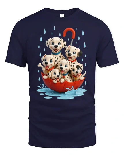Cute Spotted Puppies Umbrella Graphic Tee Fun Rainy Day Shirt - navy t-shirt on white background