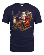 Santa Sleigh Christmas Reindeer Graphic Tee Festive Holiday Shirt - navy t-shirt on white background