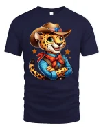 Cowboy Cheetah Cartoon Graphic Tee Cute Western Style T-Shirt - navy t-shirt on white background