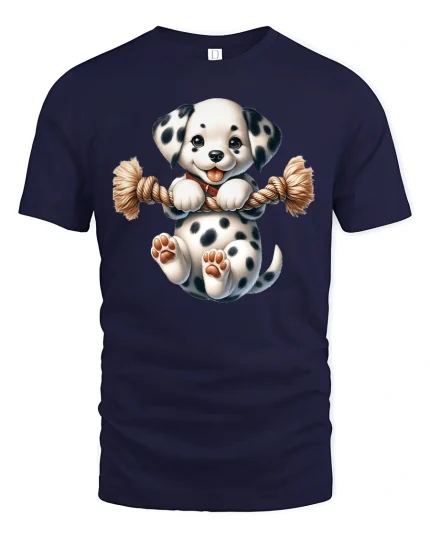 Cute Spotted Puppy Tug Rope Graphic Tee Fun Playful T-Shirt - navy t-shirt on white background