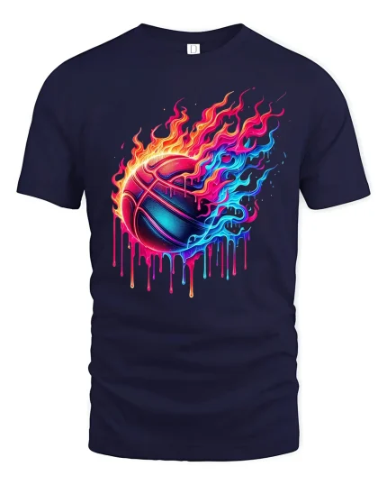 Neon Fire Basketball Art Tee Colorful Dripping Graphic T-Shirt - navy t-shirt on white background