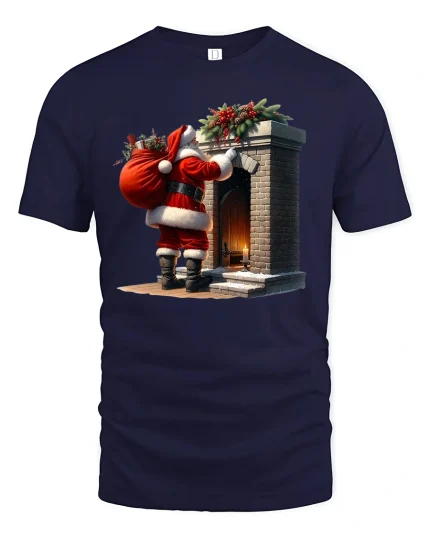 Santa at Chimney Christmas Graphic Tee Festive Holiday T-Shirt - navy t-shirt on white background