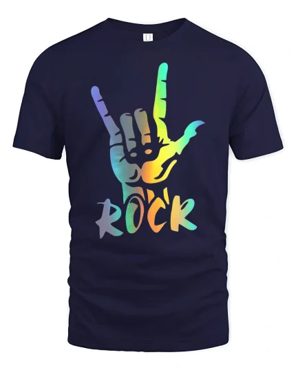 Rainbow Rock Hand Sign Graphic Tee Colorful Music Style Shirt - navy t-shirt on white background