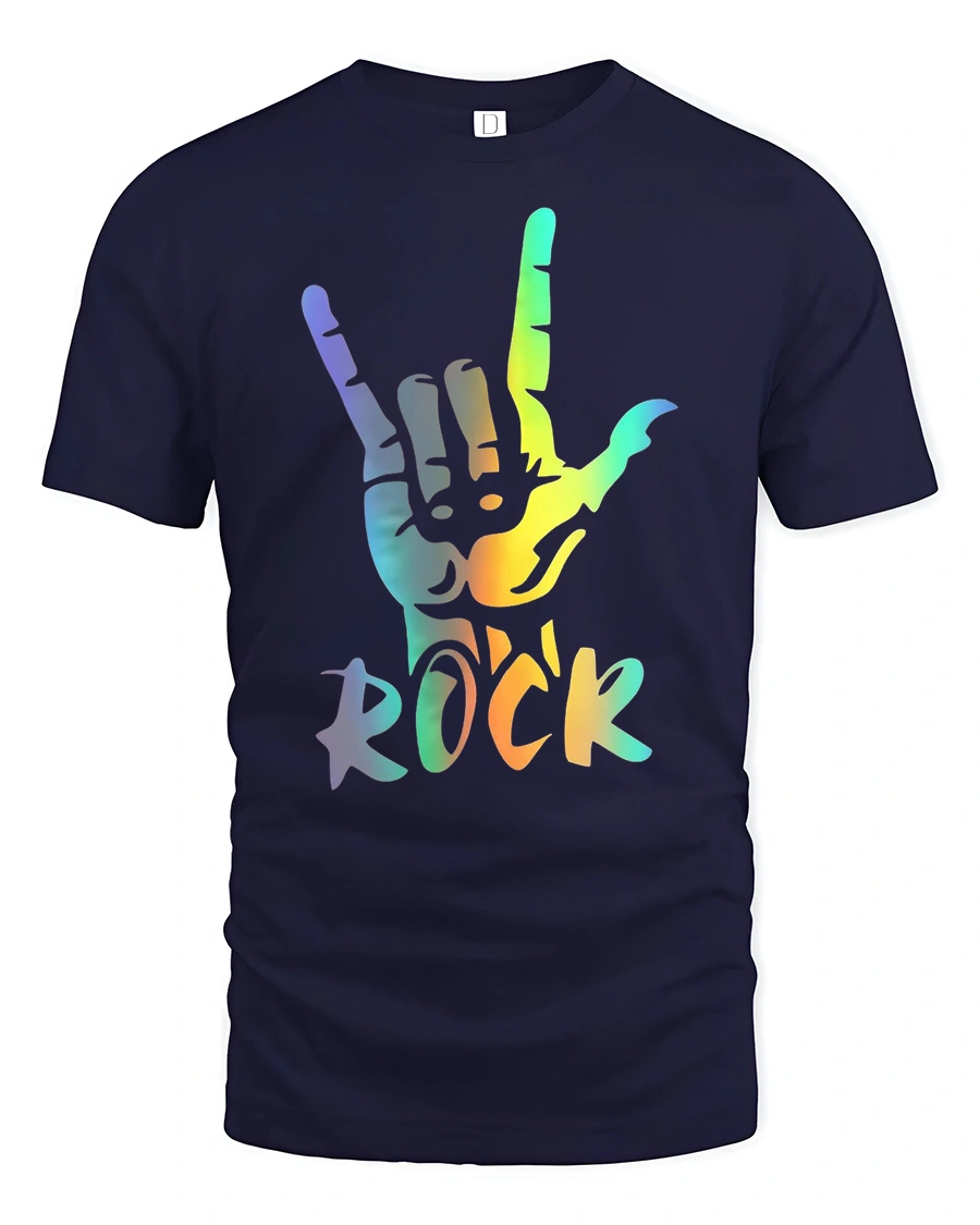 Rainbow Rock Hand Sign Graphic Tee Colorful Music Style Shirt - 1 Rainbow Rock Hand Sign Graphic Tee Colorful Music Style Shirt - navy t-shirt on white background