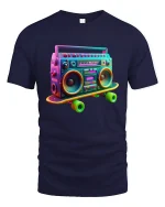 Retro Boombox Skateboard Art Tee for Music Fans T-Shirt - navy t-shirt on white background