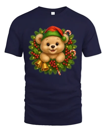 Cute Christmas Bear Wreath Graphic Tee Festive Holiday T-Shirt - navy t-shirt on white background
