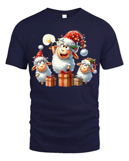 Cute Christmas Sheep Graphic Tee Festive Holiday Gift T-Shirt - navy t-shirt on white background
