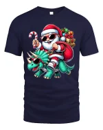 Cool Santa Riding Dinosaur Christmas Tee Funny Holiday T-Shirt - navy t-shirt on white background