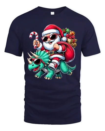 Cool Santa Riding Dinosaur Christmas Tee Funny Holiday T-Shirt - navy t-shirt on white background