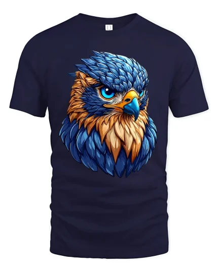 Fierce Blue Hawk Art Tee Bold Colorful Bird Graphic T-Shirt - navy t-shirt on white background