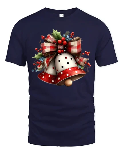 Christmas Bells Bow Wreath Graphic Tee Festive Holiday T-Shirt - navy t-shirt on white background