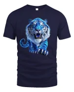 Blue Fierce Tiger Art Tee Powerful Wild Animal Graphic T-Shirt - navy t-shirt on white background