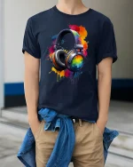 Vibrant Splash Headphones Art Tee for Music Lovers T-Shirt - model wearing navy tee with hands in pockets