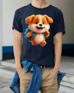 Cute School Puppy Backpack Graphic Tee Fun Kids Cartoon Shirt - model wearing navy tee with hands in pockets