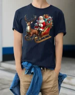 Santa Sleigh Christmas Reindeer Graphic Tee Festive Holiday Shirt - model wearing navy tee with hands in pockets