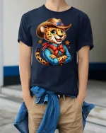 Cowboy Cheetah Cartoon Graphic Tee Cute Western Style T-Shirt - model wearing navy tee with hands in pockets