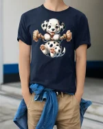 Cute Spotted Puppy Tug Rope Graphic Tee Fun Playful T-Shirt - model wearing navy tee with hands in pockets