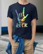 Rainbow Rock Hand Sign Graphic Tee Colorful Music Style Shirt - model wearing navy tee with hands in pockets