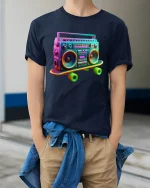 Retro Boombox Skateboard Art Tee for Music Fans T-Shirt - model wearing navy tee with hands in pockets