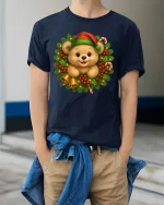 Cute Christmas Bear Wreath Graphic Tee Festive Holiday T-Shirt - model wearing navy tee with hands in pockets
