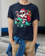 Cool Santa Riding Dinosaur Christmas Tee Funny Holiday T-Shirt - model wearing navy tee with hands in pockets