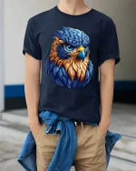 Fierce Blue Hawk Art Tee Bold Colorful Bird Graphic T-Shirt - model wearing navy tee with hands in pockets