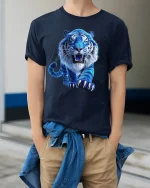 Blue Fierce Tiger Art Tee Powerful Wild Animal Graphic T-Shirt - model wearing navy tee with hands in pockets
