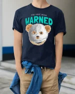 Funny Warned Bear Mask Graphic Tee Bold Attitude T-Shirt - model wearing navy tee with hands in pockets
