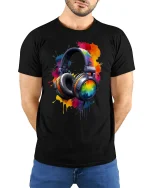 Vibrant Splash Headphones Art Tee for Music Lovers T-Shirt - model wearing black tee with hands behind back