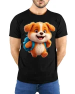 Cute School Puppy Backpack Graphic Tee Fun Kids Cartoon Shirt - model wearing black tee with hands behind back