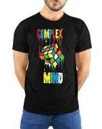 Complex Mind Melting Puzzle Cube Art Tee Creative Graphic Shirt - model wearing black tee with hands behind back