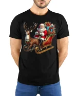 Santa Sleigh Christmas Reindeer Graphic Tee Festive Holiday Shirt - model wearing black tee with hands behind back