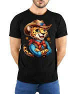 Cowboy Cheetah Cartoon Graphic Tee Cute Western Style T-Shirt - model wearing black tee with hands behind back