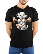 Cute Spotted Puppy Tug Rope Graphic Tee Fun Playful T-Shirt - model wearing black tee with hands behind back