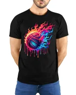 Neon Fire Basketball Art Tee Colorful Dripping Graphic T-Shirt - model wearing black tee with hands behind back