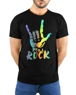 Rainbow Rock Hand Sign Graphic Tee Colorful Music Style Shirt - model wearing black tee with hands behind back